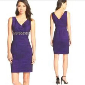 ELIZA J Size 12- Purple Beaded Jeweled Ruched Short Sleeveless Cocktail Dress